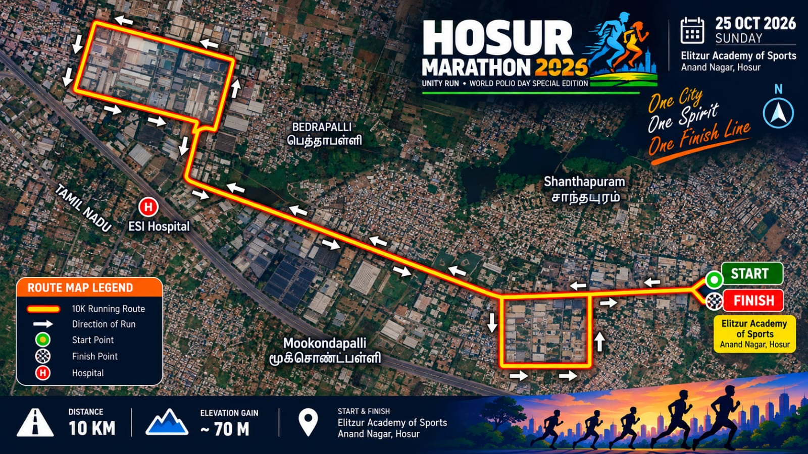 10K Run route map: Start at Elitzur Academy of Sports, Anand Nagar. Loop the first industrial block, run through SIPCOT Phase 1, loop the large southern block, and return to Elitzur Academy to finish.