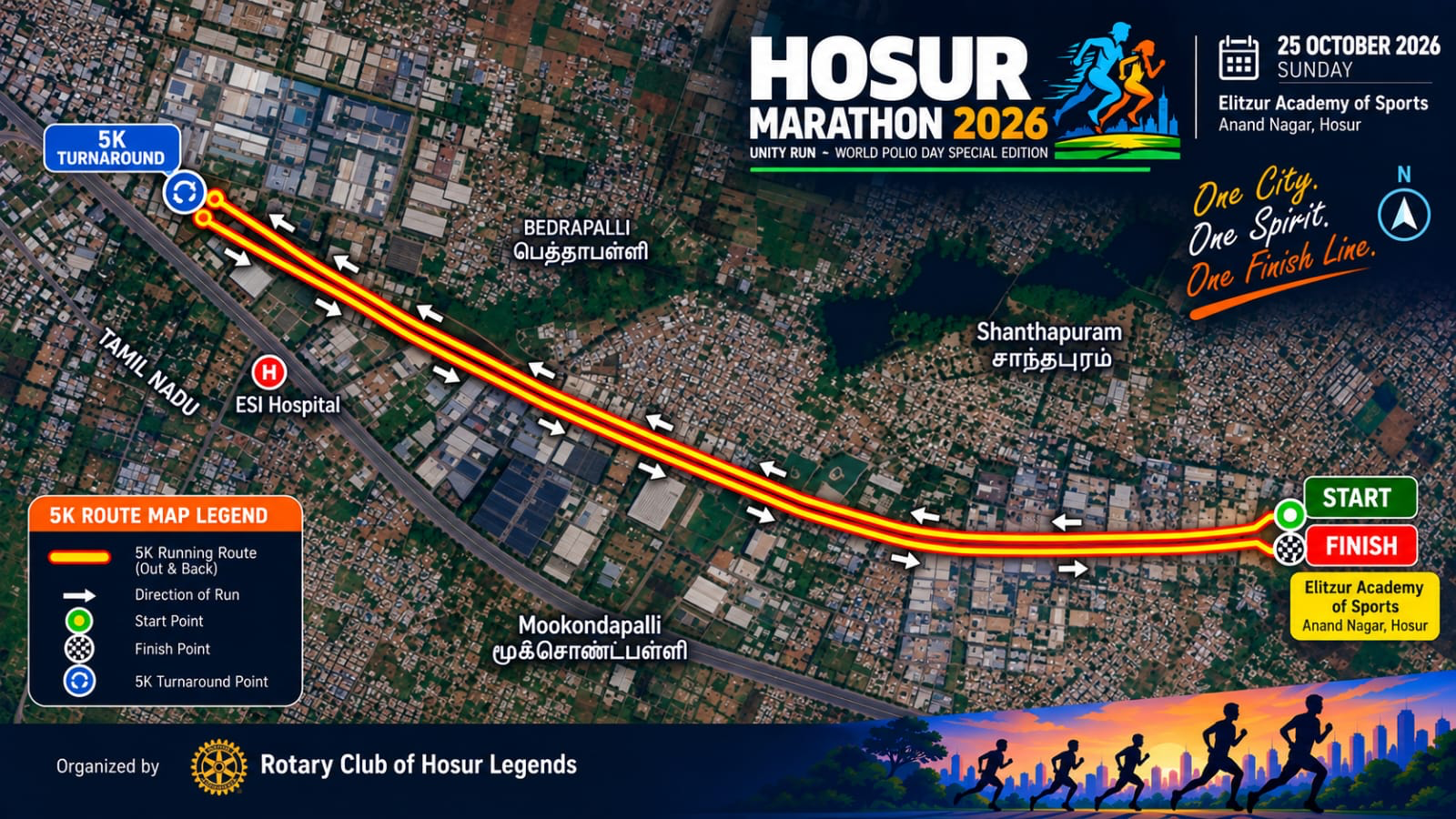 5K Run route map: An out-and-back route. Start at Elitzur Academy of Sports, Anand Nagar, run to the 5K turnaround point, and return the same way to finish at Elitzur Academy.